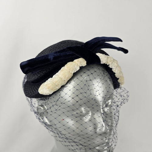 Vintage Eaton’s of Canada Navy Blue Woven Pillbox Hat with Veil & Velvet Bow