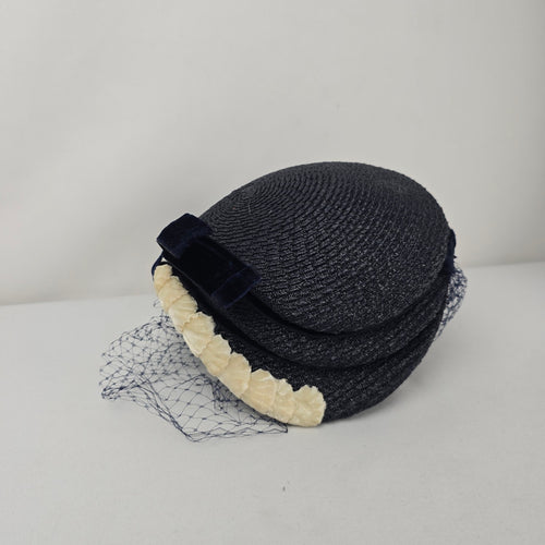 Vintage Eaton’s of Canada Navy Blue Woven Pillbox Hat with Veil & Velvet Bow