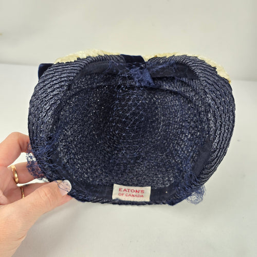 Vintage Eaton’s of Canada Navy Blue Woven Pillbox Hat with Veil & Velvet Bow