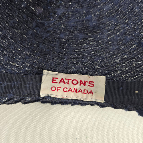 Vintage Eaton’s of Canada Navy Blue Woven Pillbox Hat with Veil & Velvet Bow