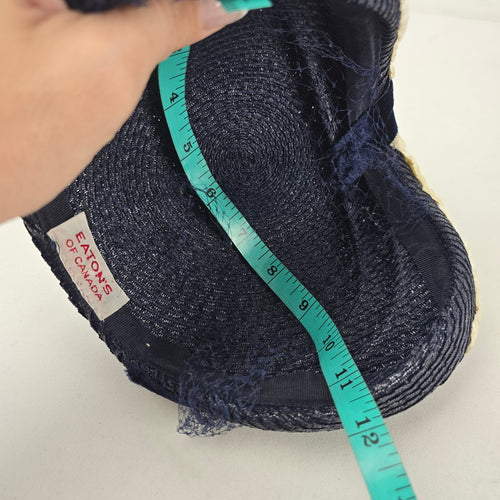 Vintage Eaton’s of Canada Navy Blue Woven Pillbox Hat with Veil & Velvet Bow