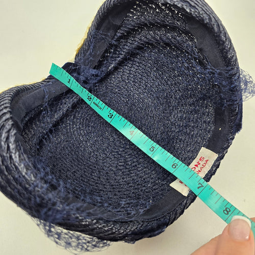 Vintage Eaton’s of Canada Navy Blue Woven Pillbox Hat with Veil & Velvet Bow