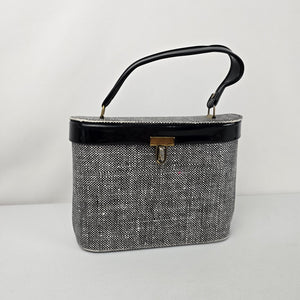 Vintage Black & White Structured Vanity Case Handbag Patent Trim Gold-Tone Clasp