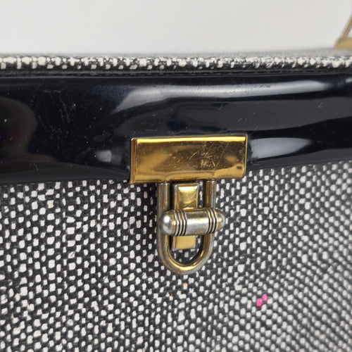Vintage Black & White Structured Vanity Case Handbag Patent Trim Gold-Tone Clasp