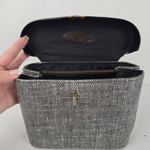 Vintage Black & White Structured Vanity Case Handbag Patent Trim Gold-Tone Clasp