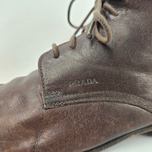 Prada Brown Leather Cap Toe Lace-Up Ankle Boots Womens Size 11