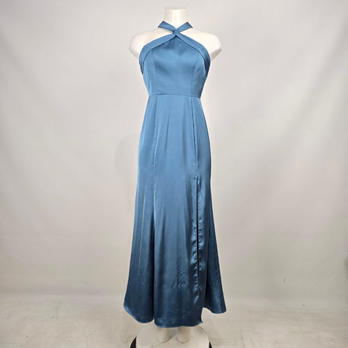 Azazie Blue Satin Halter Neck Maxi Formal Bridesmaid Dress Size S