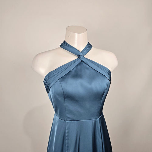 Azazie Blue Satin Halter Neck Maxi Formal Bridesmaid Dress Size S