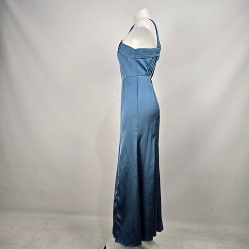 Azazie Blue Satin Halter Neck Maxi Formal Bridesmaid Dress Size S