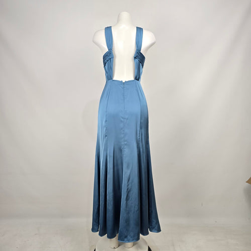 Azazie Blue Satin Halter Neck Maxi Formal Bridesmaid Dress Size S