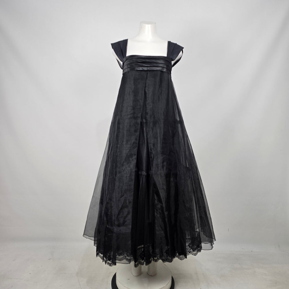 Vintage Black Tulle Lace Trim Empire Waist Formal Aline Maxi Evening Dress - Size M