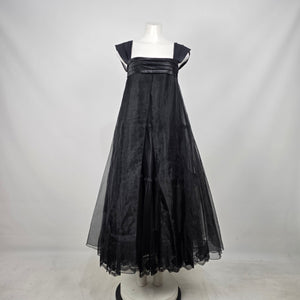 Vintage Black Tulle Lace Trim Empire Waist Formal Aline Maxi Evening Dress - Size M