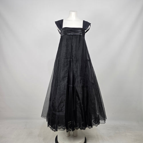 Vintage Black Tulle Lace Trim Empire Waist Formal Aline Maxi Evening Dress - Size M