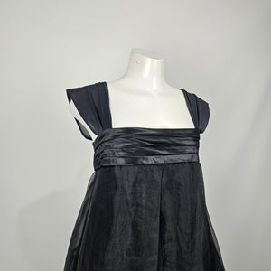 Vintage Black Tulle Lace Trim Empire Waist Formal Aline Maxi Evening Dress - Size M