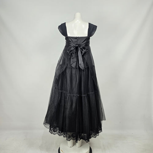 Vintage Black Tulle Lace Trim Empire Waist Formal Aline Maxi Evening Dress - Size M