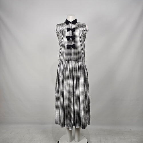 Vintage Cotton Pickers Black & White Gingham Bow Sleeveless Midi Dress Size M
