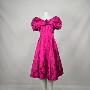 Vintage Nu-Mode Fuchsia Pink Floral Jacquard Off Shoulder Formal Dress Size 9/10