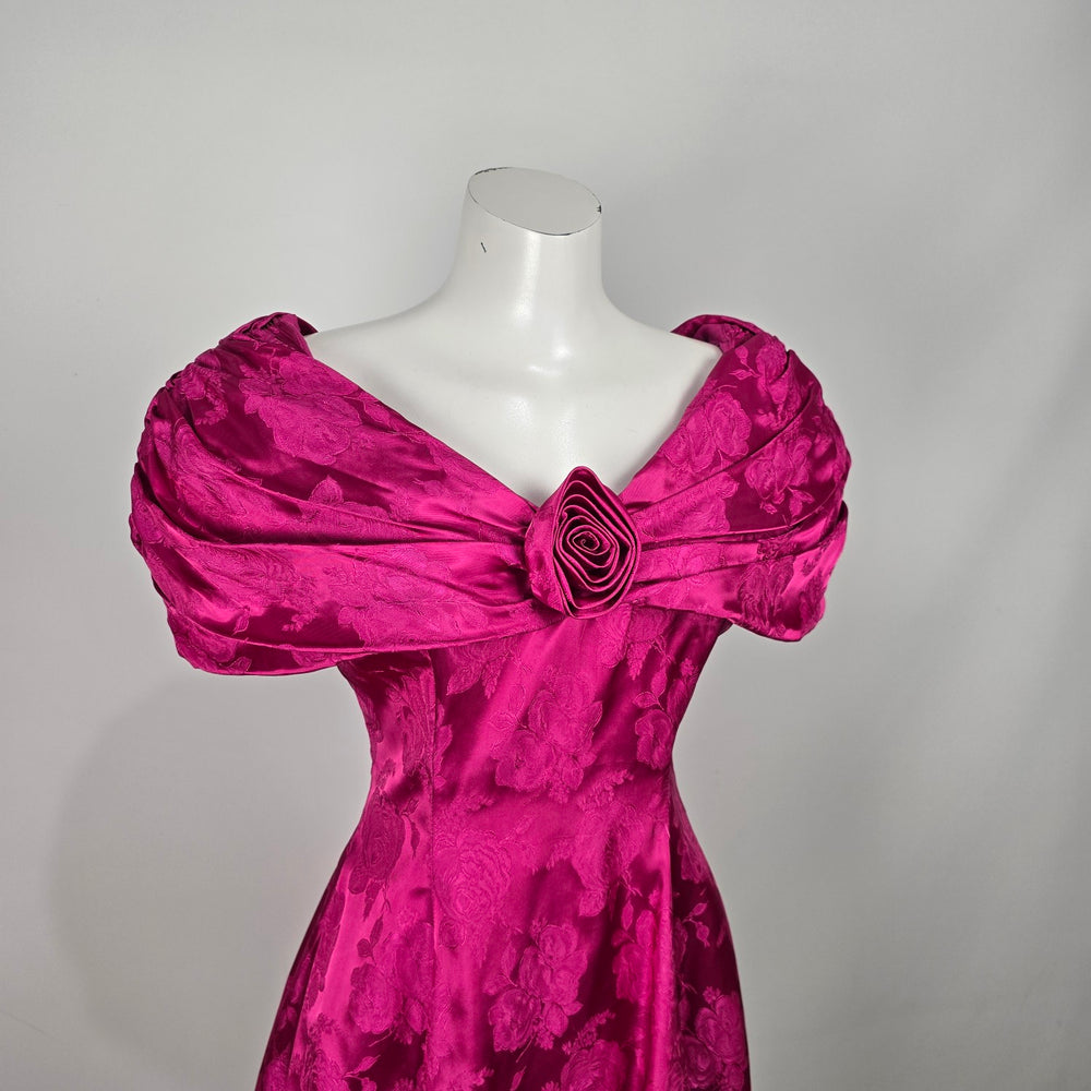 Vintage Nu-Mode Fuchsia Pink Floral Jacquard Off Shoulder Formal Dress Size 9/10
