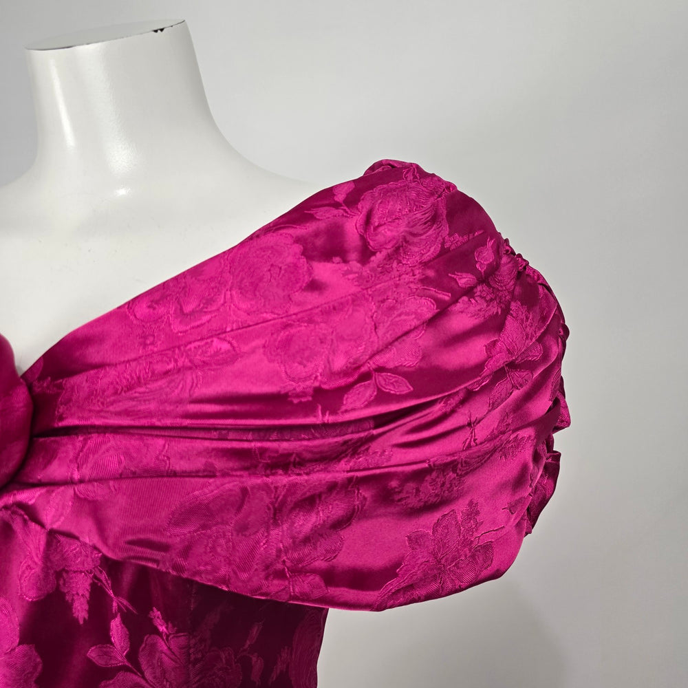 Vintage Nu-Mode Fuchsia Pink Floral Jacquard Off Shoulder Formal Dress Size 9/10