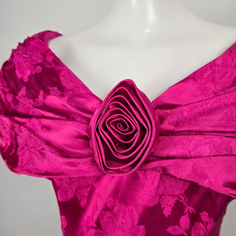 Vintage Nu-Mode Fuchsia Pink Floral Jacquard Off Shoulder Formal Dress Size 9/10