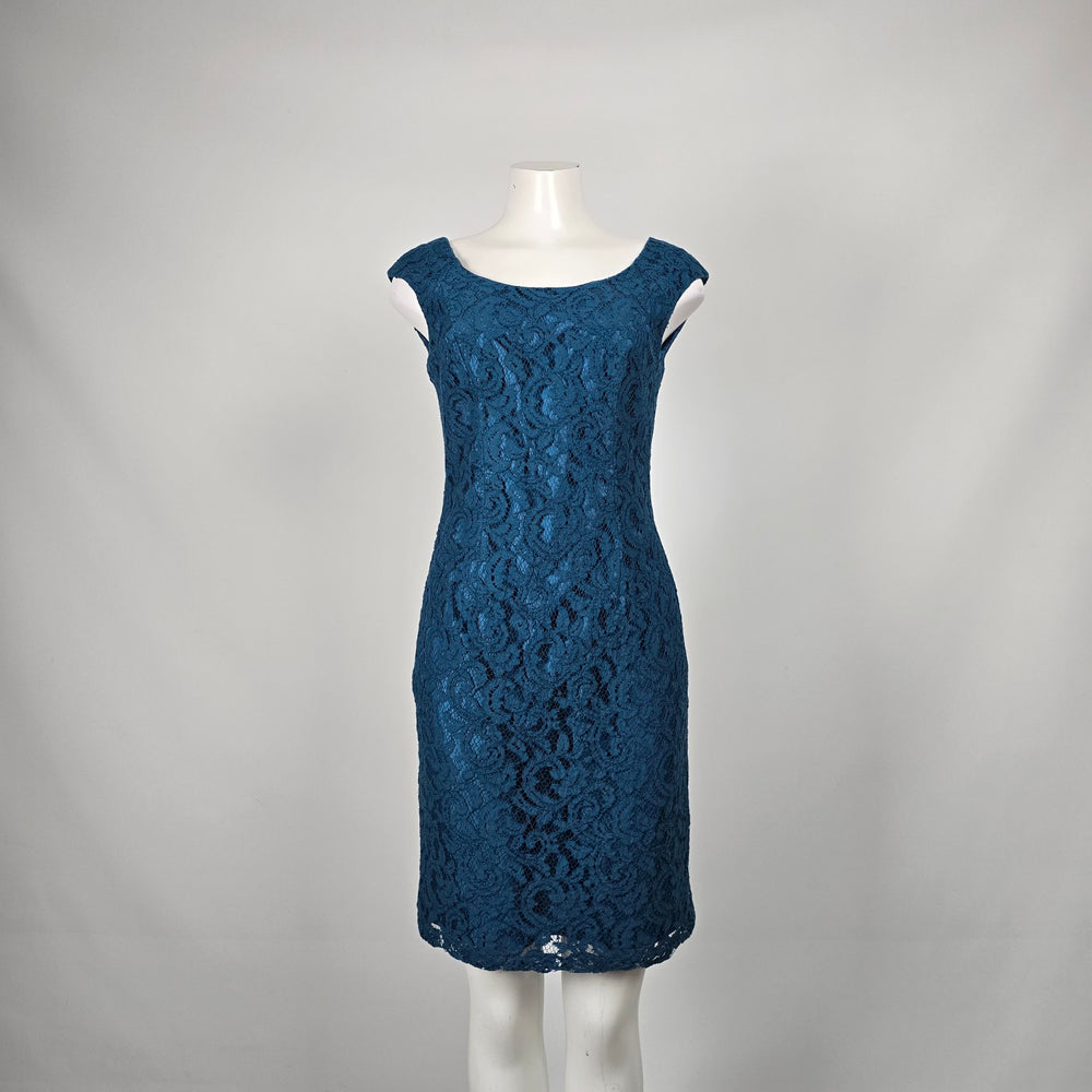 Adrianna Papell Teal Blue Floral Lace Sheath Dress Size 8