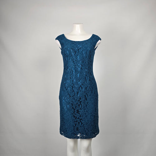 Adrianna Papell Teal Blue Floral Lace Sheath Dress Size 8