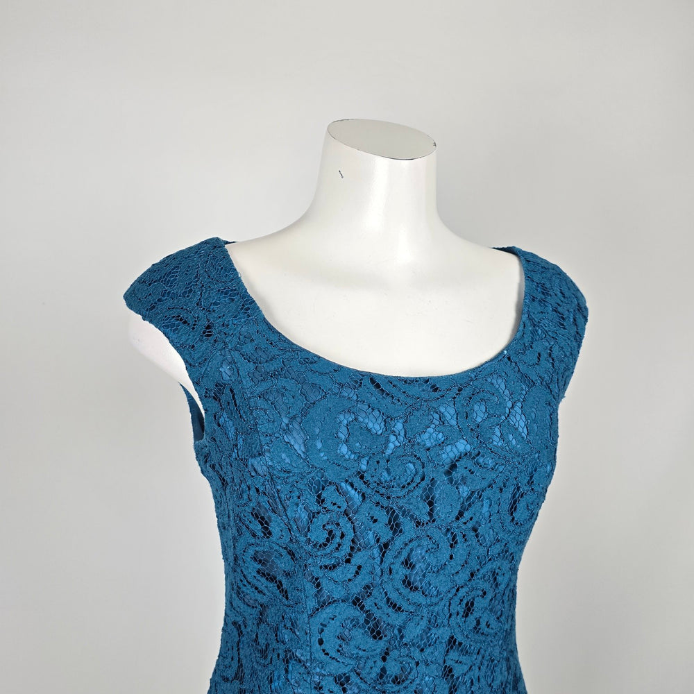 Adrianna Papell Teal Blue Floral Lace Sheath Dress Size 8