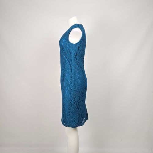 Adrianna Papell Teal Blue Floral Lace Sheath Dress Size 8