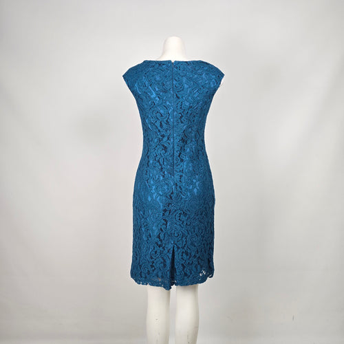 Adrianna Papell Teal Blue Floral Lace Sheath Dress Size 8