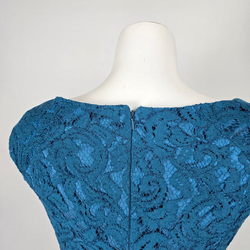 Adrianna Papell Teal Blue Floral Lace Sheath Dress Size 8