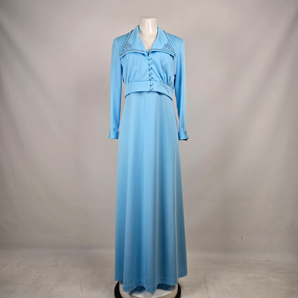 Vintage 1970s Powder Blue Maxi Dress & Embroidered Bolero Jacket Two Piece Size 15