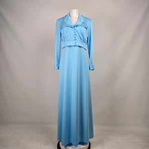 Vintage 1970s Powder Blue Maxi Dress & Embroidered Bolero Jacket Two Piece Size 15