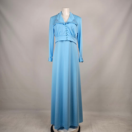 Vintage 1970s Powder Blue Maxi Dress & Embroidered Bolero Jacket Two Piece Size 15