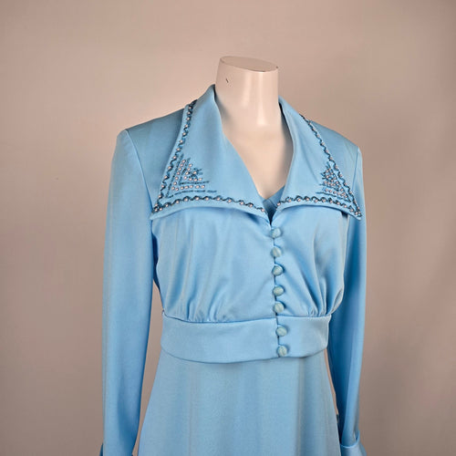 Vintage 1970s Powder Blue Maxi Dress & Embroidered Bolero Jacket Two Piece Size 15
