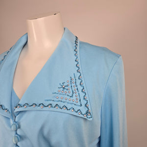Vintage 1970s Powder Blue Maxi Dress & Embroidered Bolero Jacket Two Piece Size 15