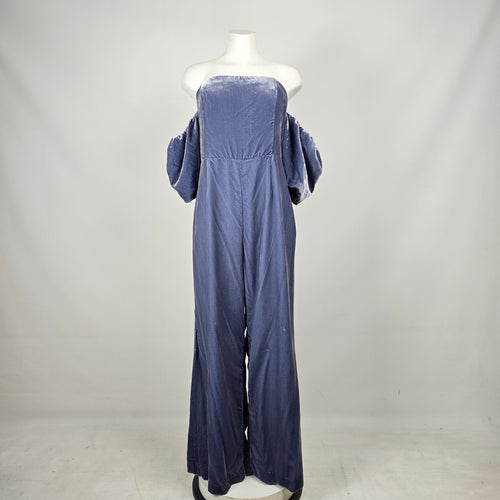 Anthropologie Slate Blue Velvet Off-Shoulder Puff Sleeve Wide Leg Jumpsuit Size 16