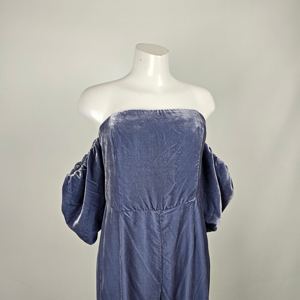 Anthropologie Slate Blue Velvet Off-Shoulder Puff Sleeve Wide Leg Jumpsuit Size 16
