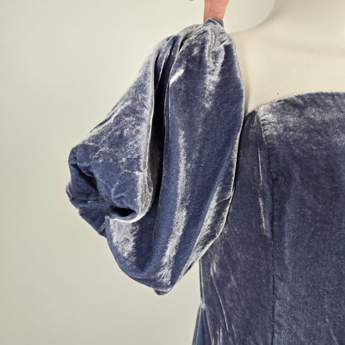 Anthropologie Slate Blue Velvet Off-Shoulder Puff Sleeve Wide Leg Jumpsuit Size 16