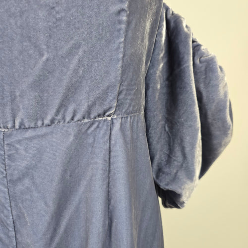 Anthropologie Slate Blue Velvet Off-Shoulder Puff Sleeve Wide Leg Jumpsuit Size 16