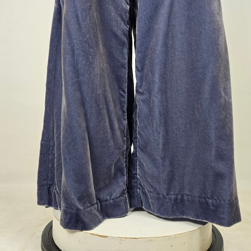 Anthropologie Slate Blue Velvet Off-Shoulder Puff Sleeve Wide Leg Jumpsuit Size 16