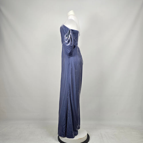 Anthropologie Slate Blue Velvet Off-Shoulder Puff Sleeve Wide Leg Jumpsuit Size 16