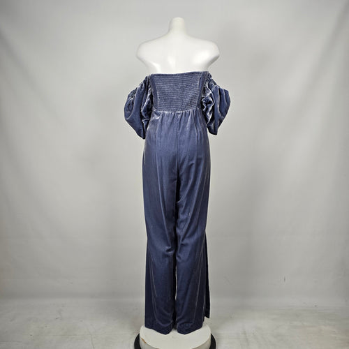 Anthropologie Slate Blue Velvet Off-Shoulder Puff Sleeve Wide Leg Jumpsuit Size 16