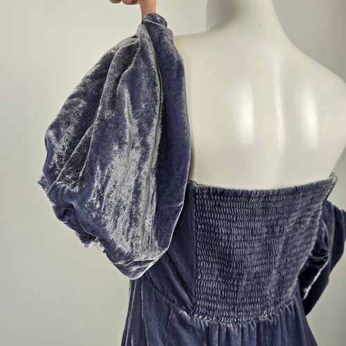 Anthropologie Slate Blue Velvet Off-Shoulder Puff Sleeve Wide Leg Jumpsuit Size 16