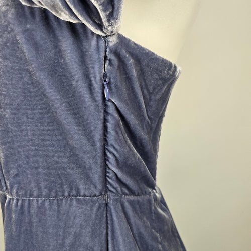 Anthropologie Slate Blue Velvet Off-Shoulder Puff Sleeve Wide Leg Jumpsuit Size 16