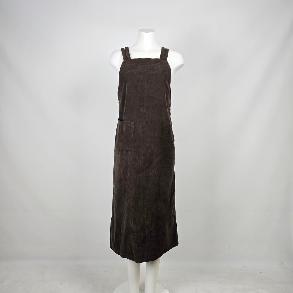 Vintage 90s PINION Brown Faux Suede Pinafore Jumper Maxi Dress Size 9