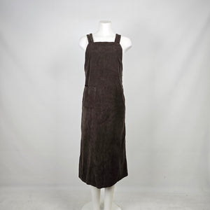 Vintage 90s PINION Brown Faux Suede Pinafore Jumper Maxi Dress Size 9
