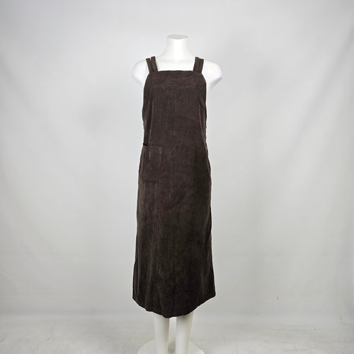Vintage 90s PINION Brown Faux Suede Pinafore Jumper Maxi Dress Size 9