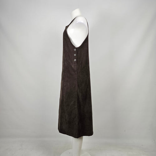 Vintage 90s PINION Brown Faux Suede Pinafore Jumper Maxi Dress Size 9