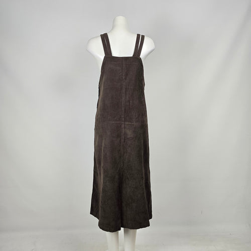 Vintage 90s PINION Brown Faux Suede Pinafore Jumper Maxi Dress Size 9