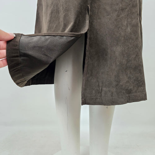 Vintage 90s PINION Brown Faux Suede Pinafore Jumper Maxi Dress Size 9